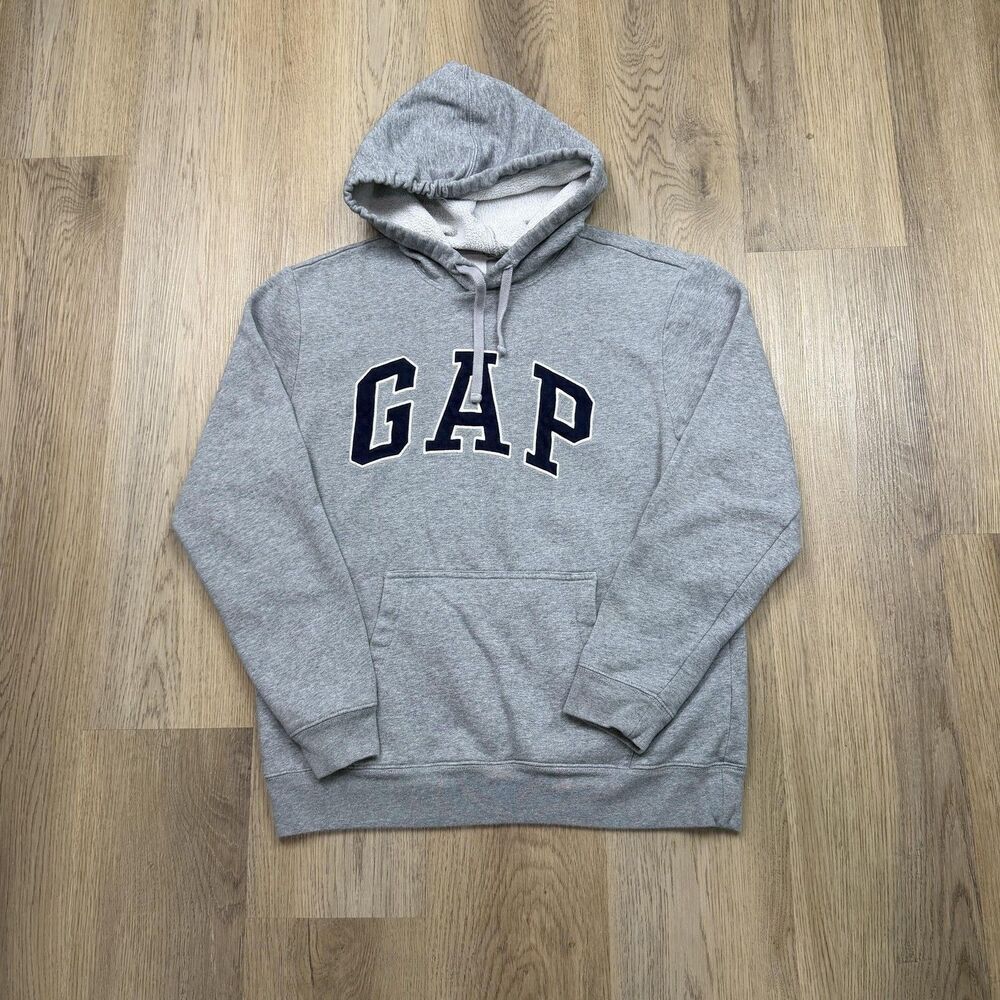 Gap Hoodie Mens Medium Gray Sherpa Lined Fleece Pullover Kangaroo Pocket Logo